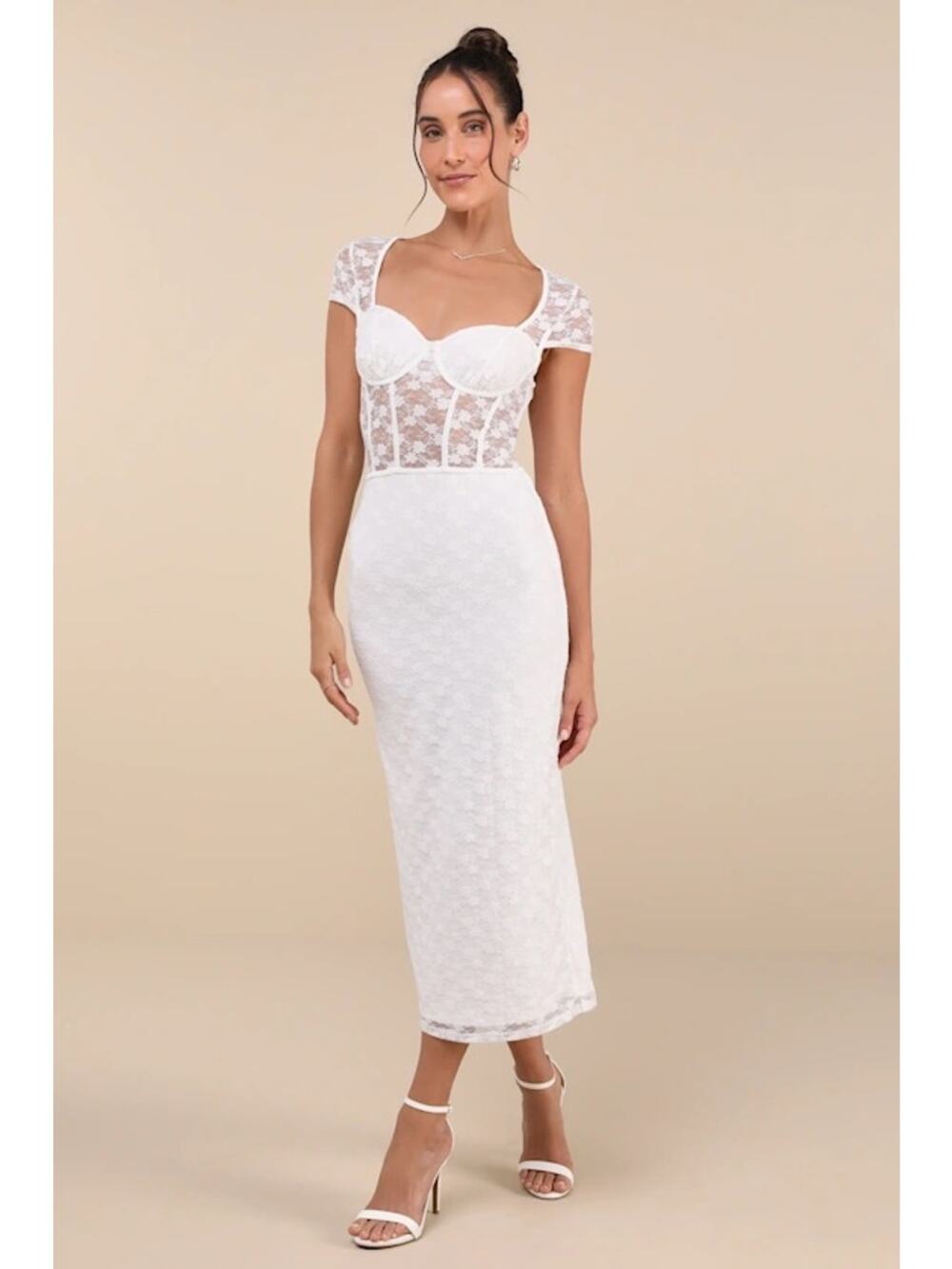 Lulu’s Flirtatious Presence White Sheer Lace Bustier Midi Dress Size Small NWT